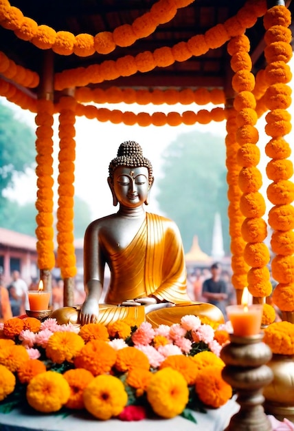 um cartaz de Buda com flores e velas