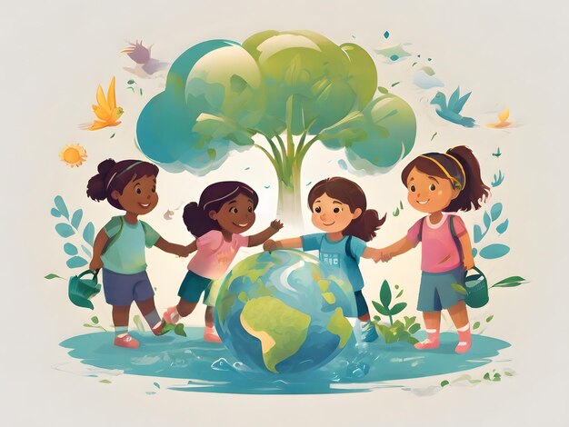 um cartaz de crianças de mãos dadas ao redor de um globo com as palavras childrens sobre ele