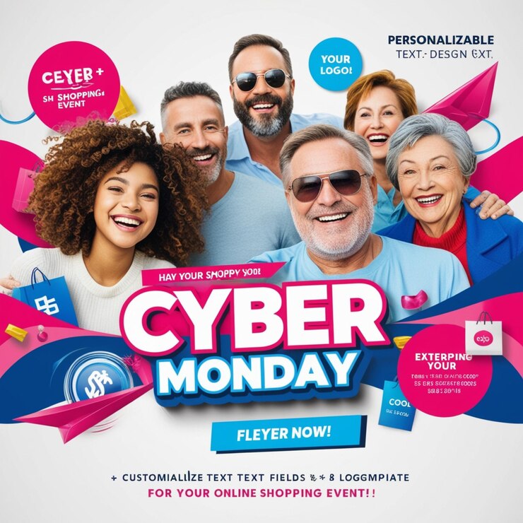 Foto um cartaz de cyber monday mostra um grupo de pessoas com uma camisa rosa e azul