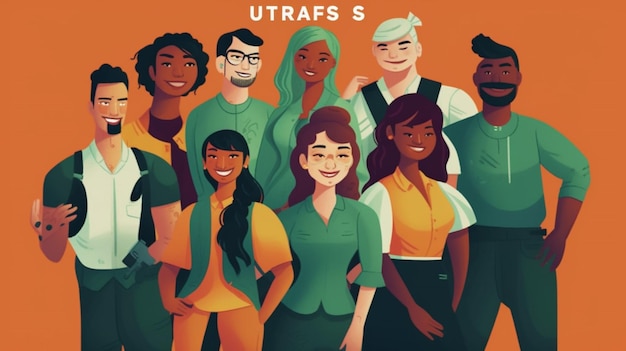 Foto um cartaz de desenho animado para uts com um grupo de pessoas.