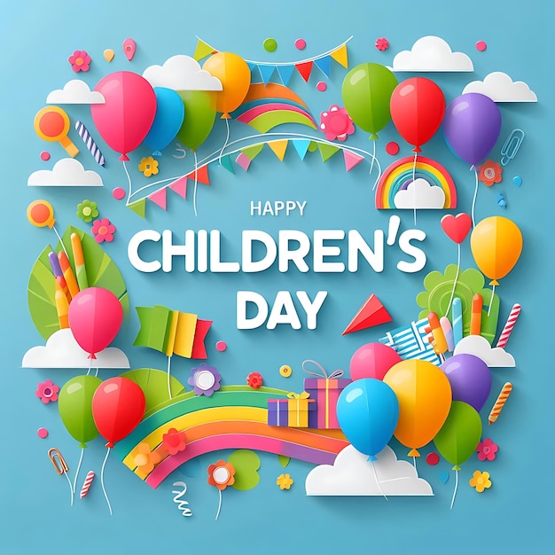 um cartaz de dia feliz para crianças com balões e arco-íris
