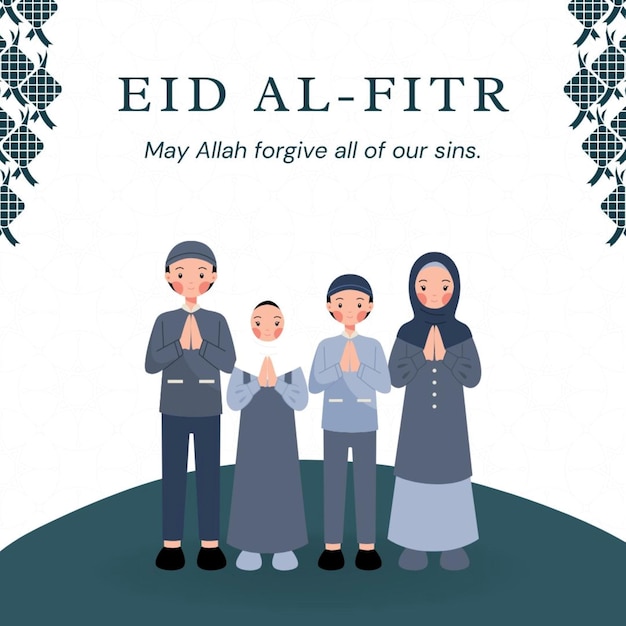 um cartaz de Eid al fitr para uma família de quatro pessoas com as mãos dobradas