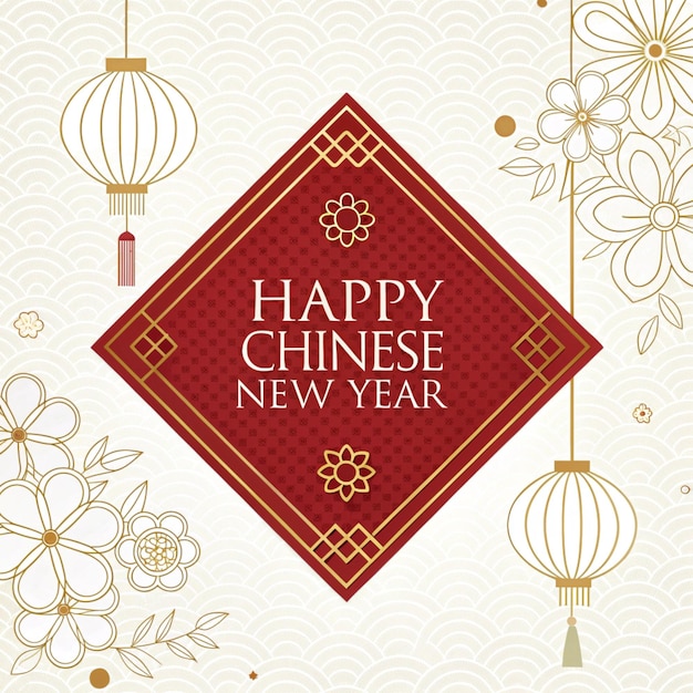um cartaz de feliz ano novo com um fundo vermelho com lanternas chinesas