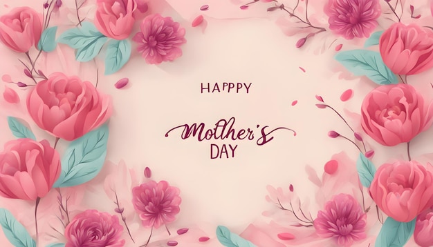 um cartaz de feliz dia das mães com flores cor-de-rosa e as palavras feliz dia das mãe