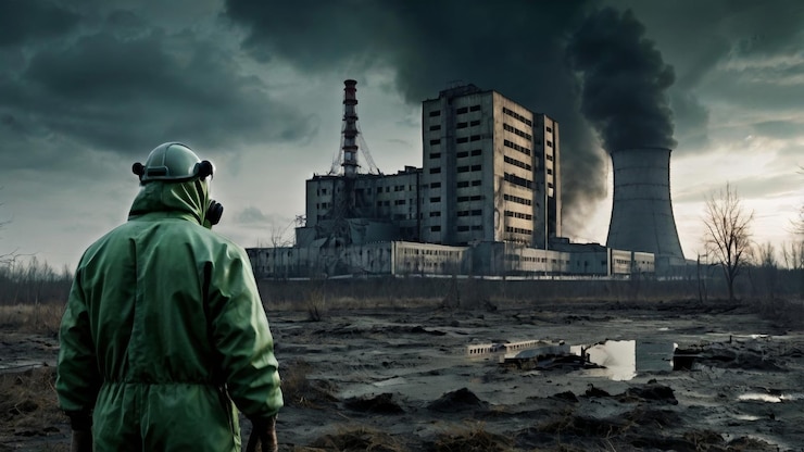 Foto um cartaz de filme arrepiante retratando o desastre nuclear de chernobyl uma paisagem desolada