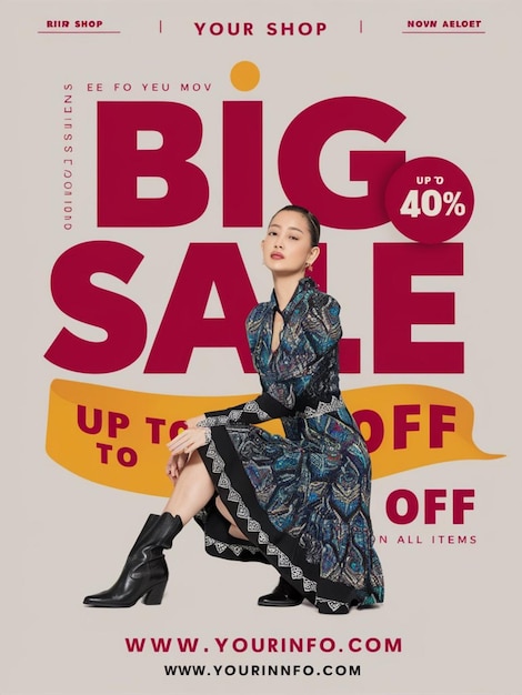 um cartaz de grande venda mostra uma mulher sentada no chão e um grande sinal que diz grande venda