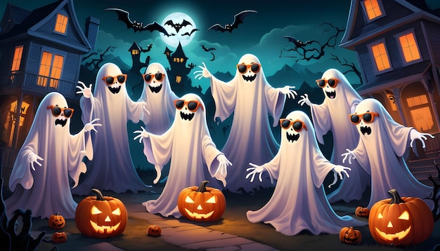 um cartaz de Halloween com fantasmas e um fantasma com um fantasma ao fundo