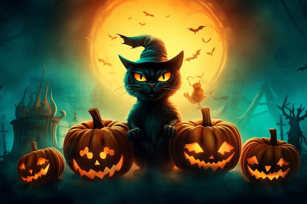 Um cartaz de halloween com um gato preto com um chapéu de bruxa e abóboras.