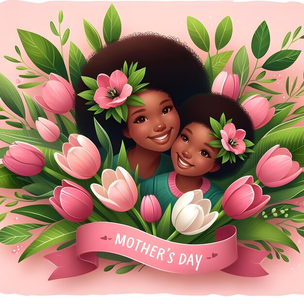 um cartaz de mãe e filha com flores e uma foto de uma mãe e filha