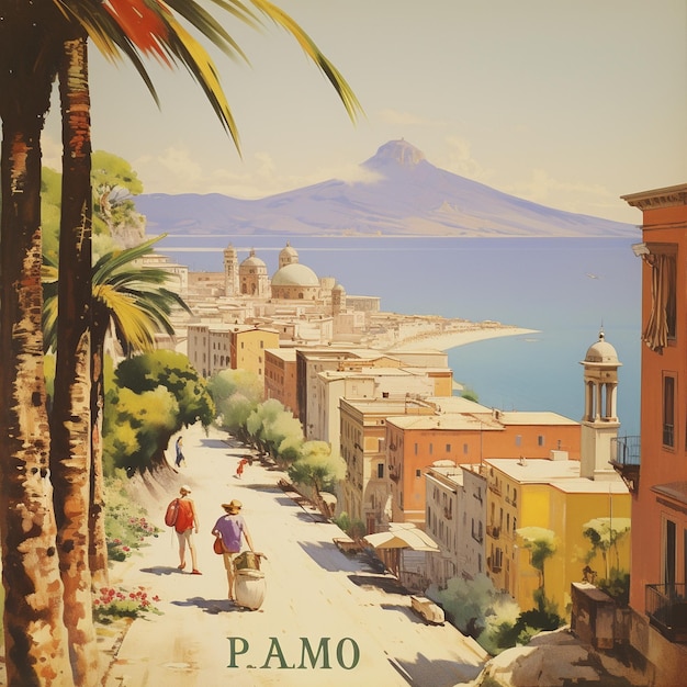 Um cartaz de Pompéia mostra uma vista de uma cidade.