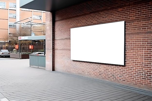 Um cartaz de propaganda branco vazio anexado ao exterior do edifício com parede de tijolos do lado de fora