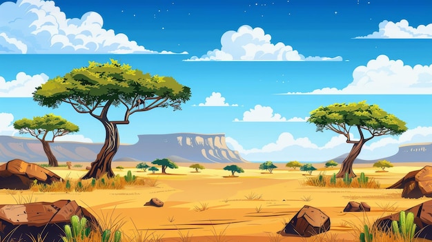 Um cartaz de safári de animais com uma paisagem de savana africana Uma ilustração moderna de uma paisagem arenosa na África com árvores, grama, cacto e pedras