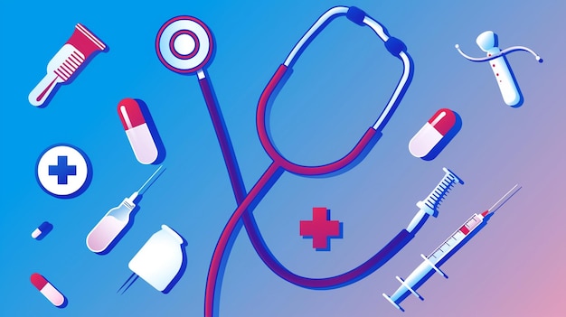 um cartaz de suprimentos médicos com um estetoscópio vermelho