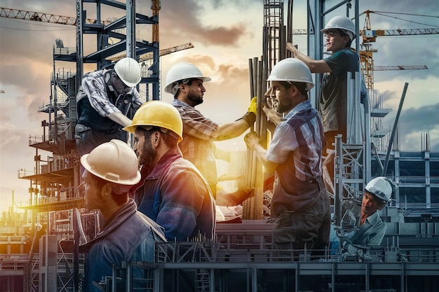 um cartaz de trabalhadores da construção em um canteiro de obras