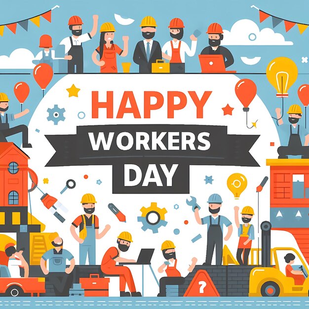 Foto um cartaz de trabalhadores e um sinal que diz trabalhadores felizes