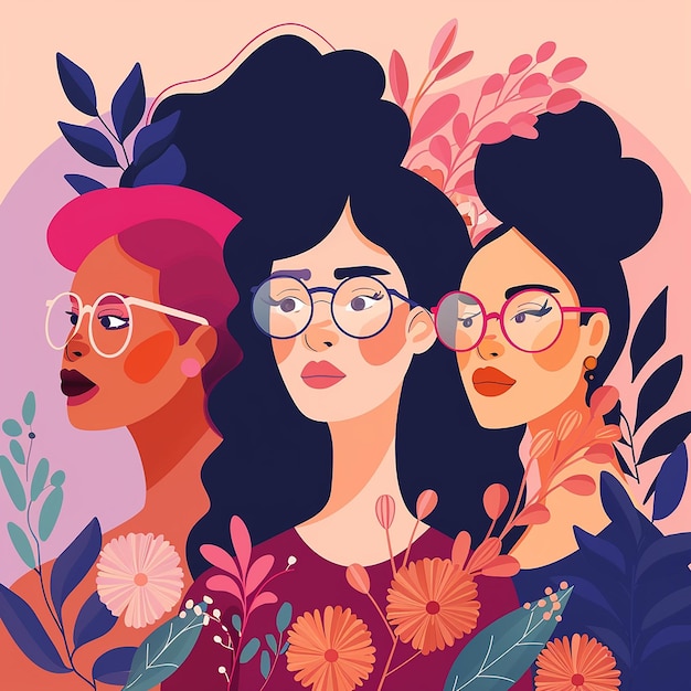 Foto um cartaz de três mulheres com óculos e uma mulher usando óculos