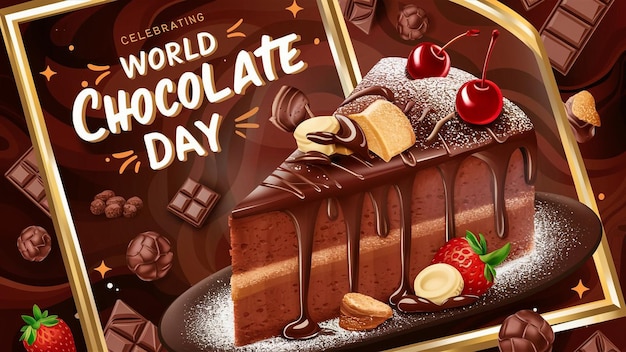 um cartaz de um bolo de chocolate com uma foto de um bolo mundial de chocolate