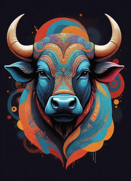 um cartaz de um búfalo com um fundo colorido e as palavras touro