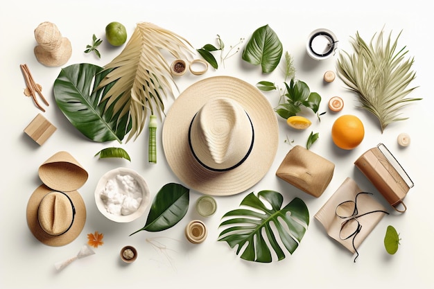 Um cartaz de um chapéu com uma folha de palmeira para o verão
