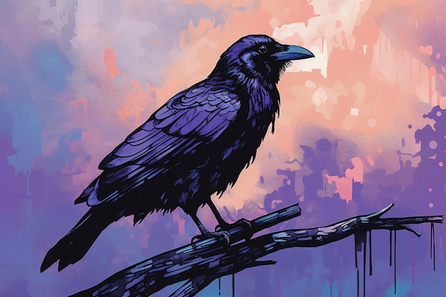 Um cartaz de um corvo com um fundo roxo e um