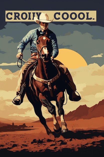 Foto um cartaz de um cowboy a montar um cavalo no deserto.