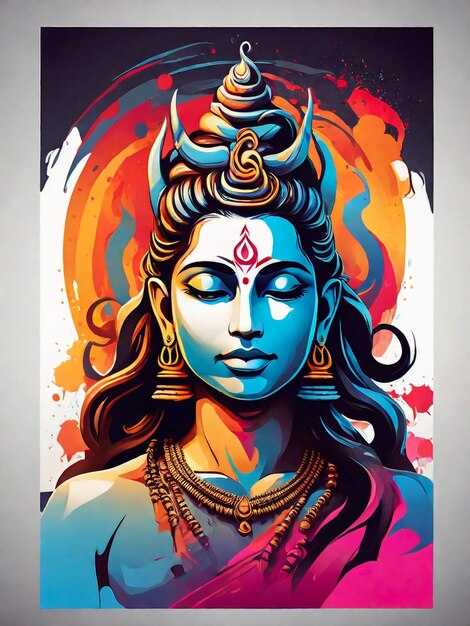 um cartaz de um deus com um fundo colorido