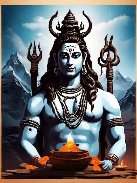 um cartaz de um deus com uma montanha no fundo