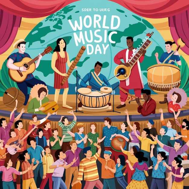 um cartaz de um dia mundial de música com um fundo de pessoas tocando música