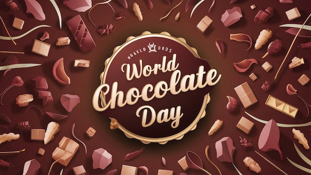 um cartaz de um dia mundial do chocolate com chocolates ao fundo
