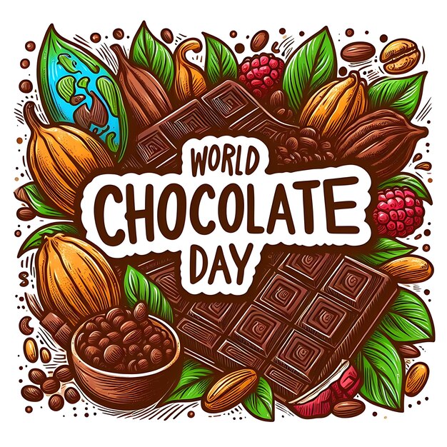 um cartaz de um dia mundial do chocolate com uma imagem de uma barra de chocolate