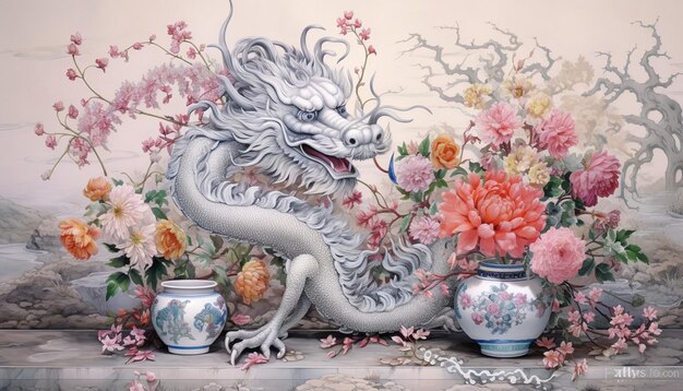 Um cartaz de um dragão chinês feito de filigrana de prata