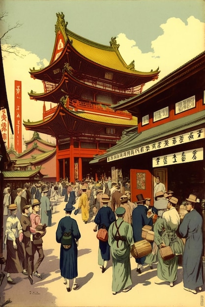 Um cartaz de um edifício com um edifício chinês ao fundo.