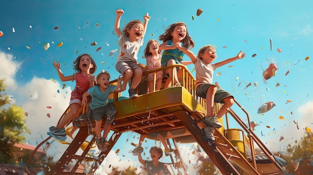 Um cartaz de um filme infantil chamado "Crianças a brincar num parque infantil".