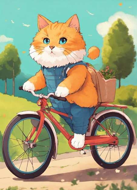 Foto um cartaz de um gato andando de bicicleta com um saco na parte de trás