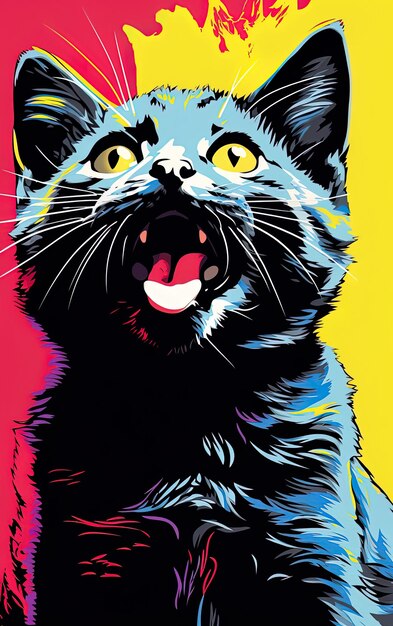 um cartaz de um gato com olhos amarelos e um gato preto e branco com olhos amarelo