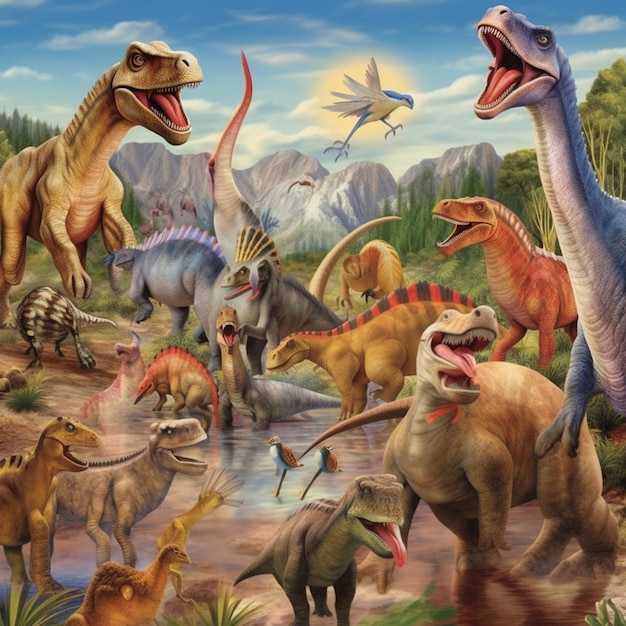 Um cartaz de um grupo de dinossauros, incluindo um raptor.