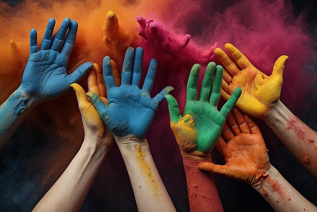 Foto um cartaz de um grupo de mãos com as cores das cores do arco-íris
