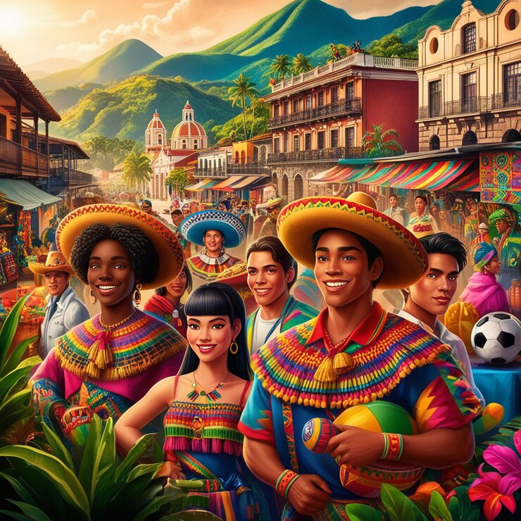 Foto um cartaz de um grupo de pessoas com uma palmeira no fundo
