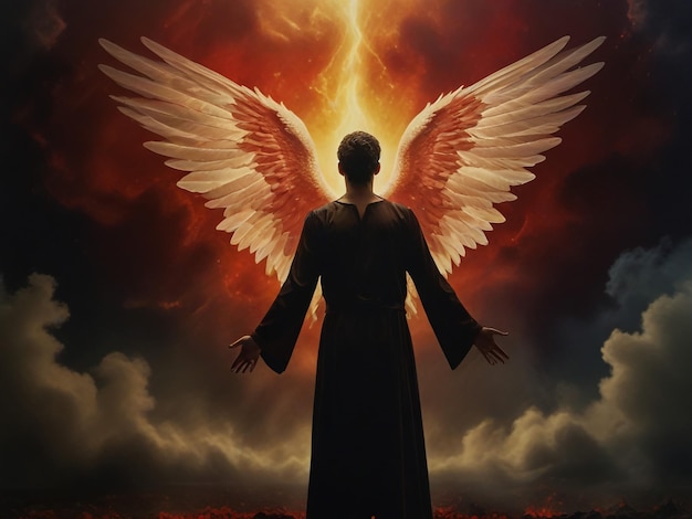 Um cartaz de um homem com asas que diz anjo