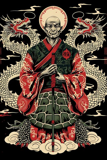 um cartaz de um homem com um kimono vermelho nele