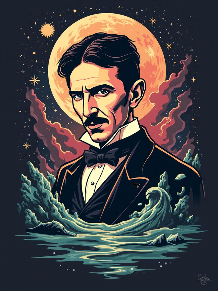 Foto um cartaz de um homem com uma lua cheia atrás dele