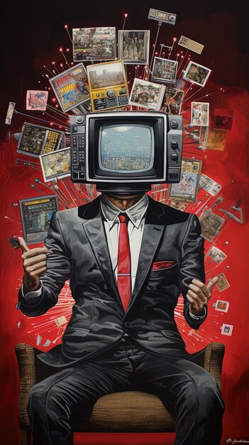Foto um cartaz de um homem com uma televisão em sua cabeça e um fundo vermelho com muitas outras coisas ao seu redor