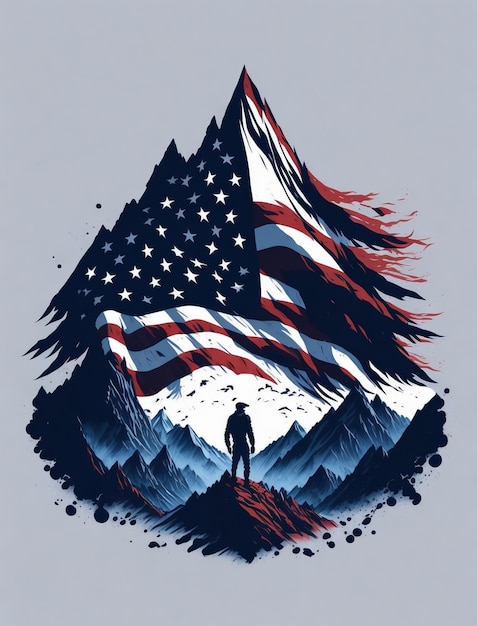 Um cartaz de um homem de pé em frente a uma montanha com uma bandeira e montanhas ao fundo.