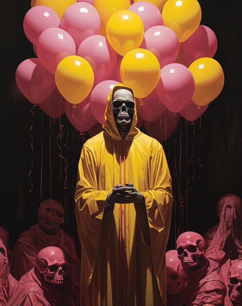 um cartaz de um homem de roupa amarela com um monte de balões no fundo