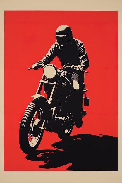 um cartaz de um homem em uma motocicleta com um fundo vermelho