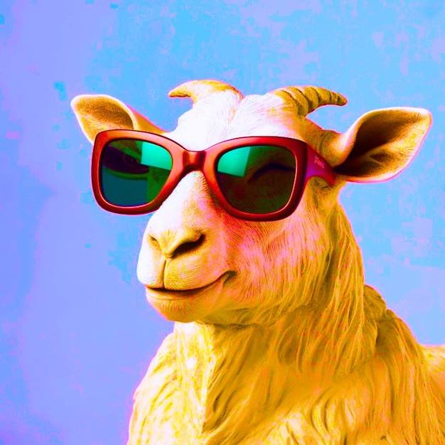 Um cartaz de uma cabra usando óculos escuros com fundo roxo
