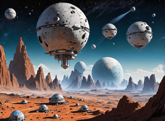 um cartaz de uma estação espacial com uma nave espacial e outros planetas