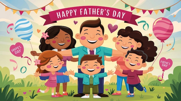um cartaz de uma família com uma bandeira que diz feliz dia dos pais