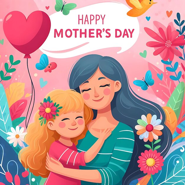 um cartaz de uma mãe e filha com flores e uma mensagem que diz feliz dia das mães