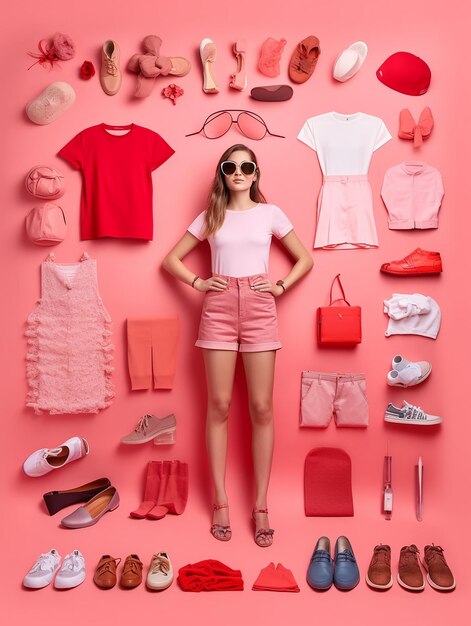 Foto um cartaz de uma menina com uma camisa rosa e saia rosa e óculos escuros.